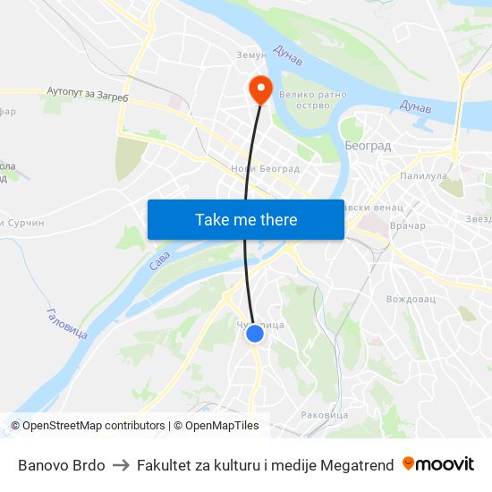 Banovo Brdo to Fakultet za kulturu i medije Megatrend map