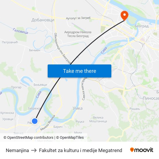 Nemanjina to Fakultet za kulturu i medije Megatrend map