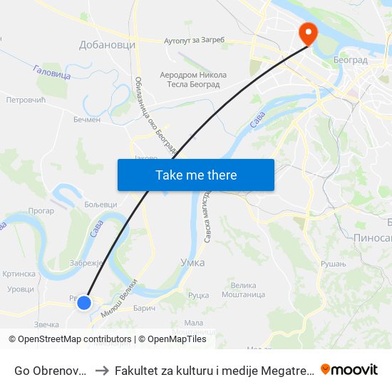 Go Obrenovac to Fakultet za kulturu i medije Megatrend map