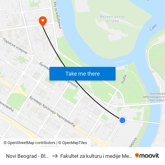 Novi Beograd - Blok 20 to Fakultet za kulturu i medije Megatrend map