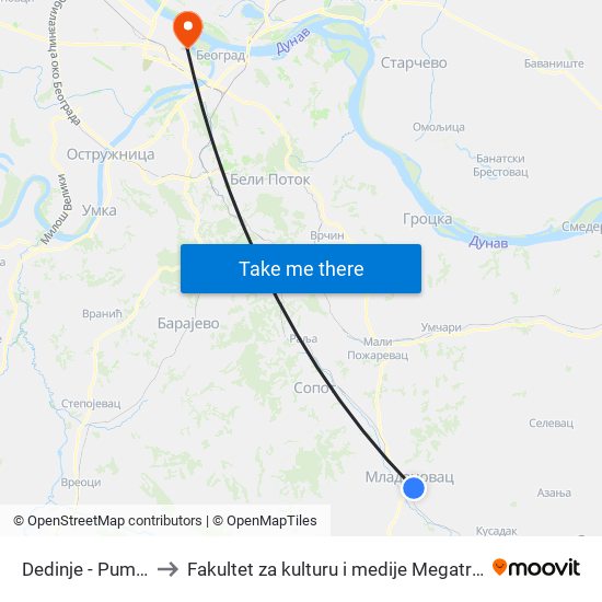 Dedinje - Pumpa to Fakultet za kulturu i medije Megatrend map