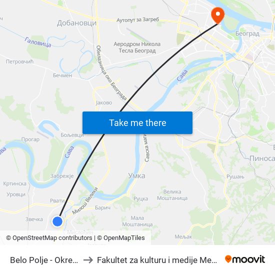 Belo Polje - Okretnica to Fakultet za kulturu i medije Megatrend map