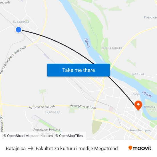 Batajnica to Fakultet za kulturu i medije Megatrend map