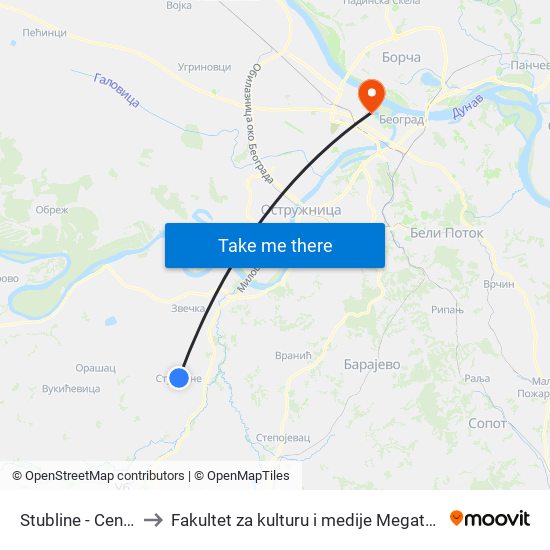 Stubline - Centar to Fakultet za kulturu i medije Megatrend map