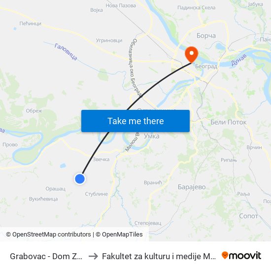 Grabovac - Dom Zdravlja to Fakultet za kulturu i medije Megatrend map