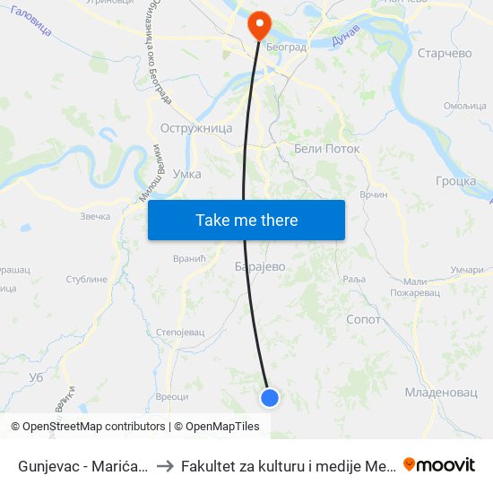 Gunjevac - Marića Kuće to Fakultet za kulturu i medije Megatrend map