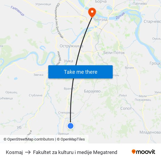 Kosmaj to Fakultet za kulturu i medije Megatrend map