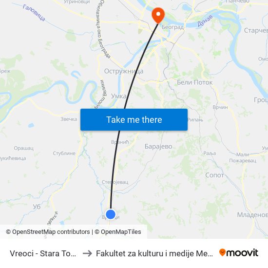 Vreoci - Stara Toplana to Fakultet za kulturu i medije Megatrend map