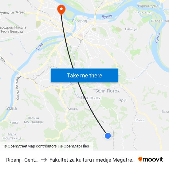 Ripanj - Centar to Fakultet za kulturu i medije Megatrend map