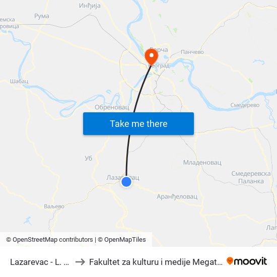 Lazarevac - L. Put to Fakultet za kulturu i medije Megatrend map