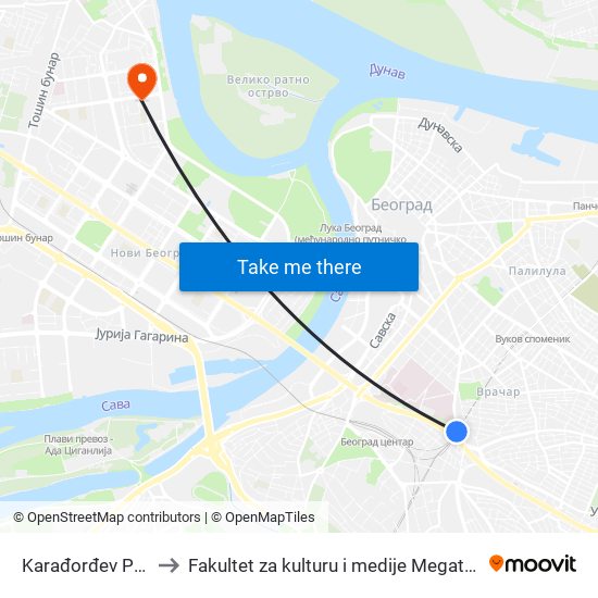 Karađorđev Park to Fakultet za kulturu i medije Megatrend map