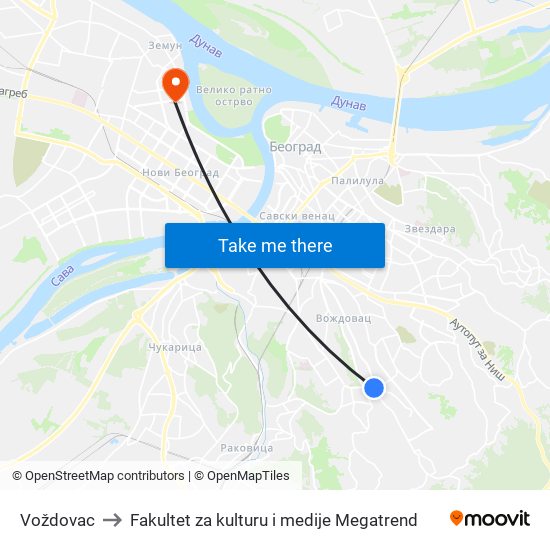 Voždovac to Fakultet za kulturu i medije Megatrend map