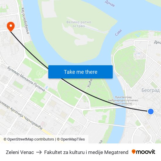 Zeleni Venac to Fakultet za kulturu i medije Megatrend map