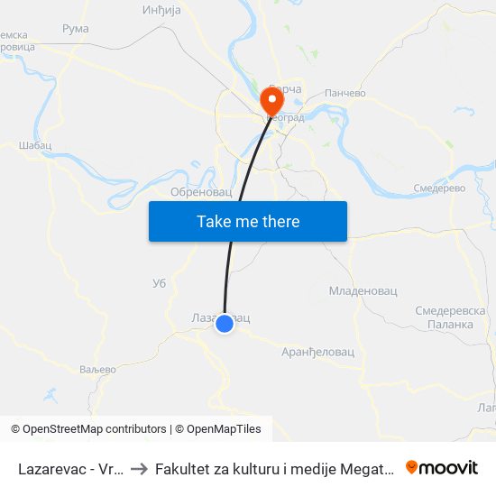 Lazarevac - Vrtić to Fakultet za kulturu i medije Megatrend map