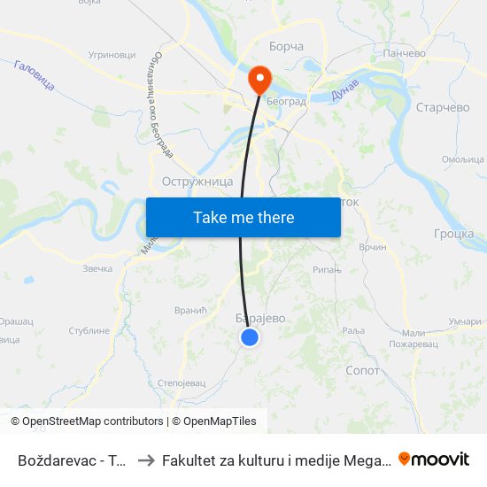 Boždarevac - Trafo to Fakultet za kulturu i medije Megatrend map