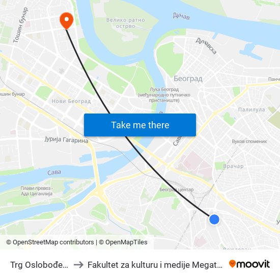 Trg Oslobođenja to Fakultet za kulturu i medije Megatrend map