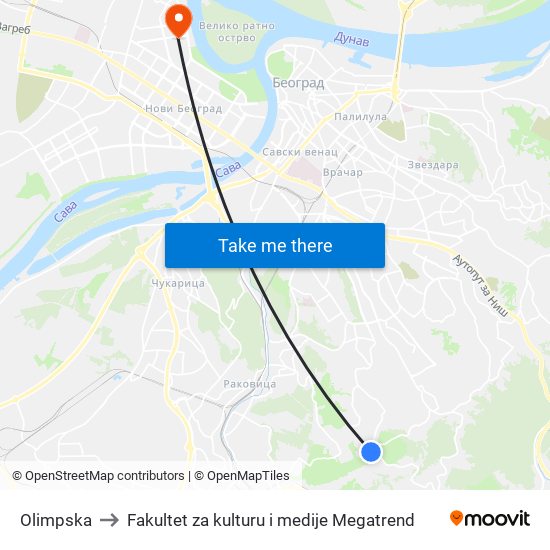 Olimpska to Fakultet za kulturu i medije Megatrend map