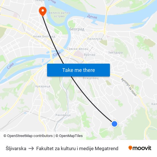 Šljivarska to Fakultet za kulturu i medije Megatrend map