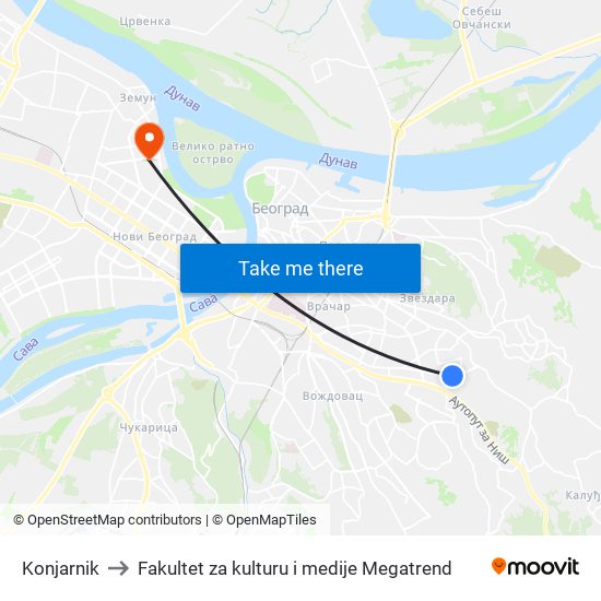 Konjarnik to Fakultet za kulturu i medije Megatrend map