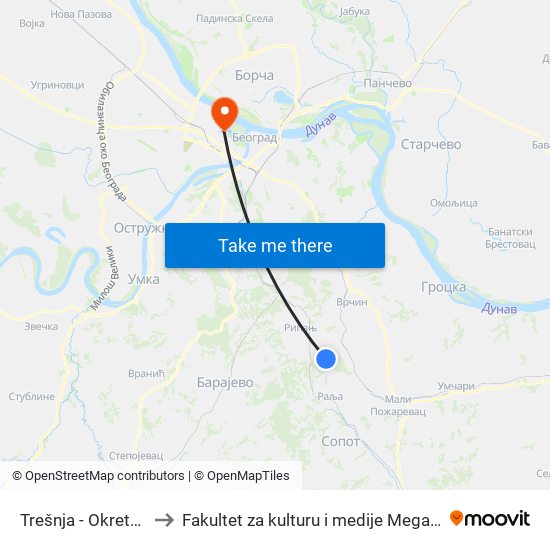 Trešnja - Okretnica to Fakultet za kulturu i medije Megatrend map