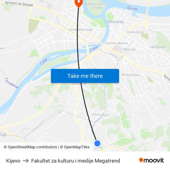 Kijevo to Fakultet za kulturu i medije Megatrend map