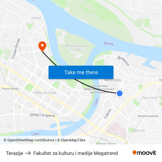 Terazije to Fakultet za kulturu i medije Megatrend map