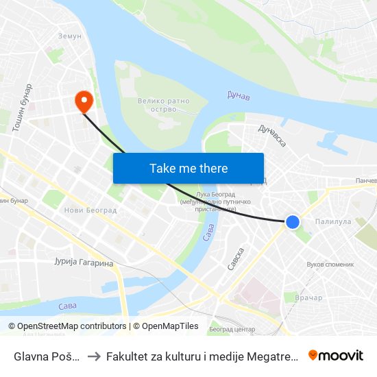 Glavna Pošta to Fakultet za kulturu i medije Megatrend map