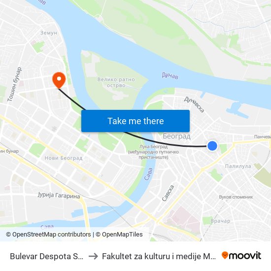 Bulevar Despota Stefana to Fakultet za kulturu i medije Megatrend map