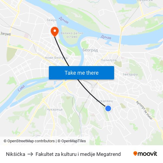 Nikšićka to Fakultet za kulturu i medije Megatrend map