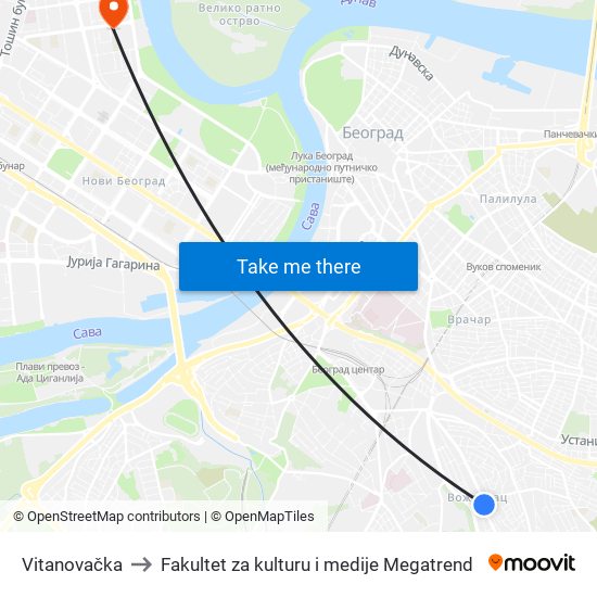 Vitanovačka to Fakultet za kulturu i medije Megatrend map