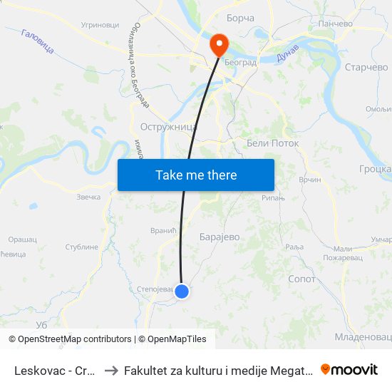 Leskovac - Crkva to Fakultet za kulturu i medije Megatrend map