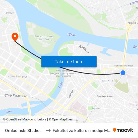 Omladinski Stadion - Ulaz to Fakultet za kulturu i medije Megatrend map