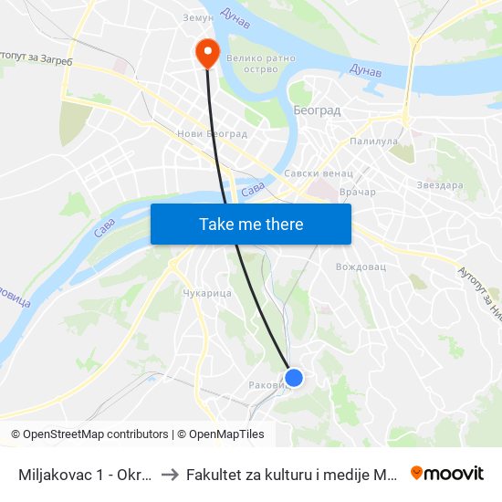 Miljakovac 1 - Okretnica to Fakultet za kulturu i medije Megatrend map