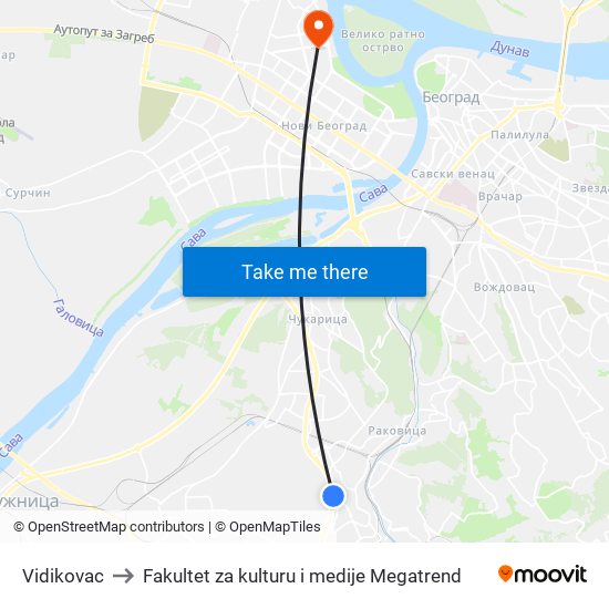 Vidikovac to Fakultet za kulturu i medije Megatrend map