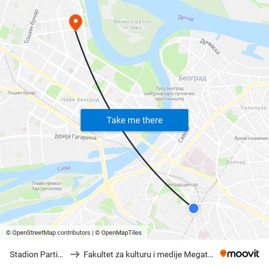 Stadion Partizan to Fakultet za kulturu i medije Megatrend map