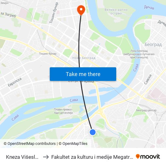 Kneza Višeslava to Fakultet za kulturu i medije Megatrend map