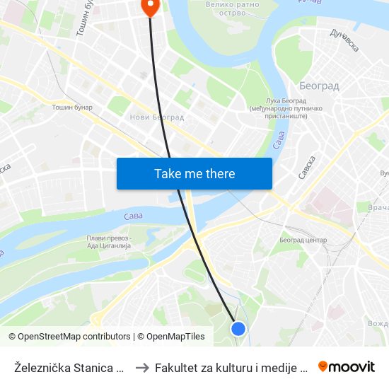 Železnička Stanica Topčider to Fakultet za kulturu i medije Megatrend map