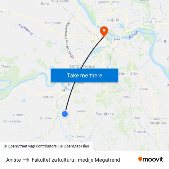 Anište to Fakultet za kulturu i medije Megatrend map