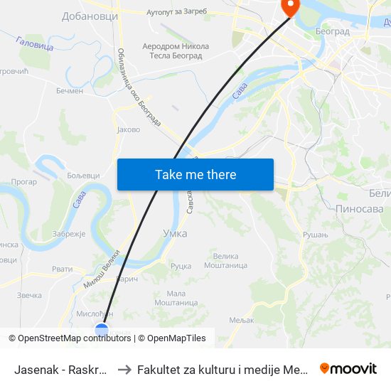 Jasenak - Raskrsnica to Fakultet za kulturu i medije Megatrend map