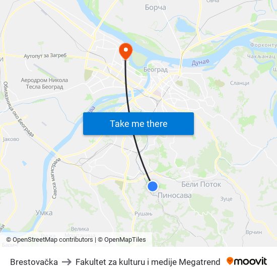 Brestovačka to Fakultet za kulturu i medije Megatrend map