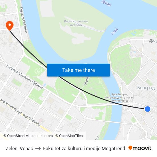 Zeleni Venac to Fakultet za kulturu i medije Megatrend map