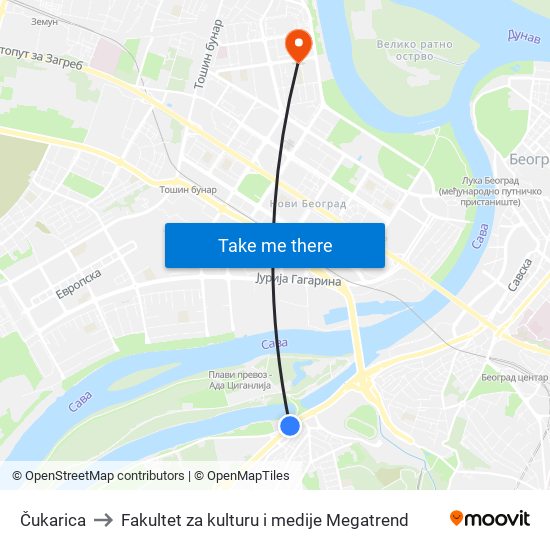 Čukarica to Fakultet za kulturu i medije Megatrend map