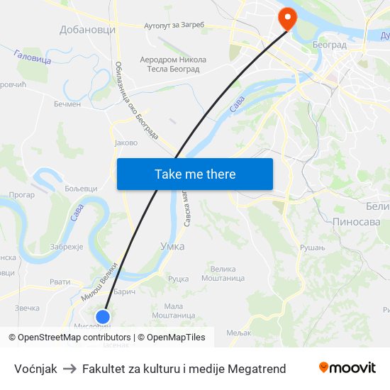 Voćnjak to Fakultet za kulturu i medije Megatrend map