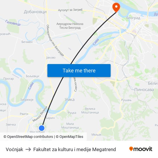 Voćnjak to Fakultet za kulturu i medije Megatrend map