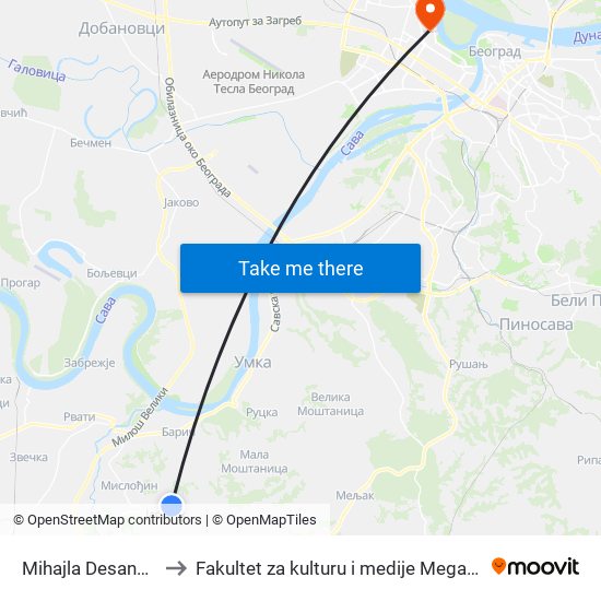 Mihajla Desančića to Fakultet za kulturu i medije Megatrend map