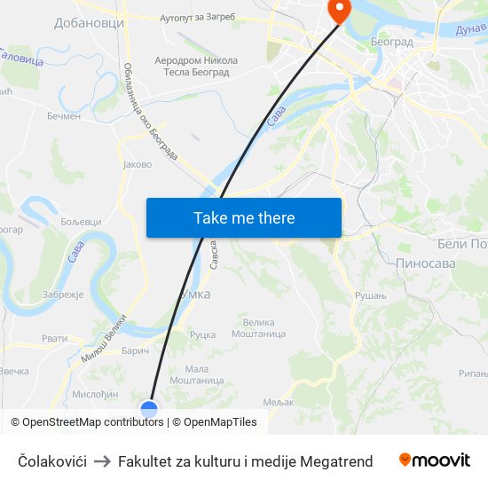 Čolakovići to Fakultet za kulturu i medije Megatrend map