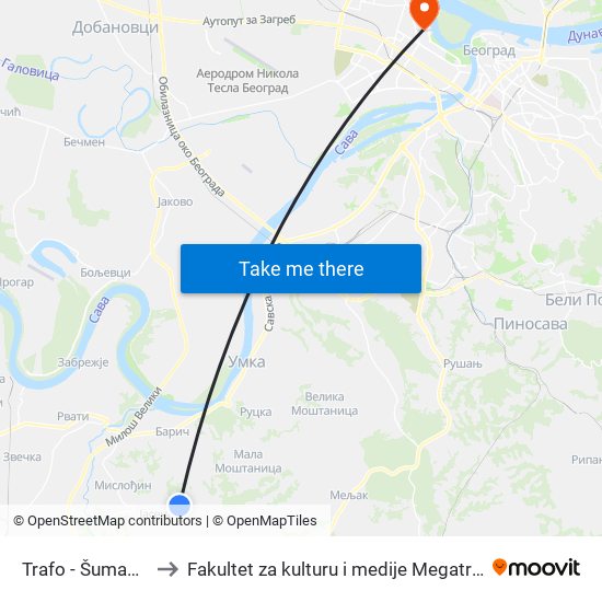 Trafo - Šumadija to Fakultet za kulturu i medije Megatrend map