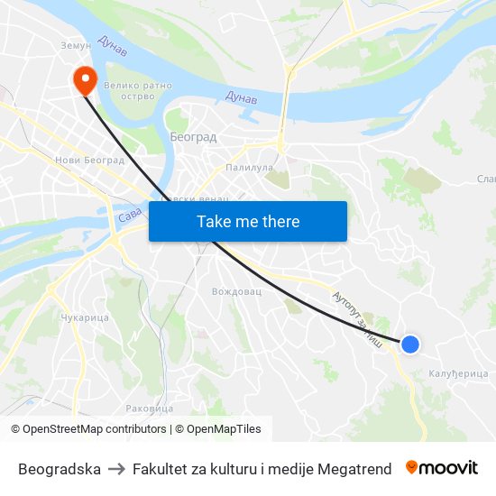 Beogradska to Fakultet za kulturu i medije Megatrend map