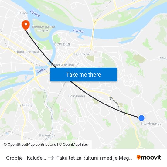 Groblje - Kaluđerica to Fakultet za kulturu i medije Megatrend map