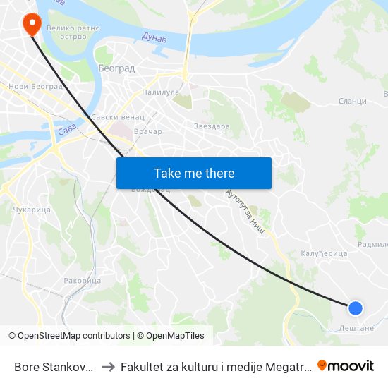 Bore Stankovića to Fakultet za kulturu i medije Megatrend map